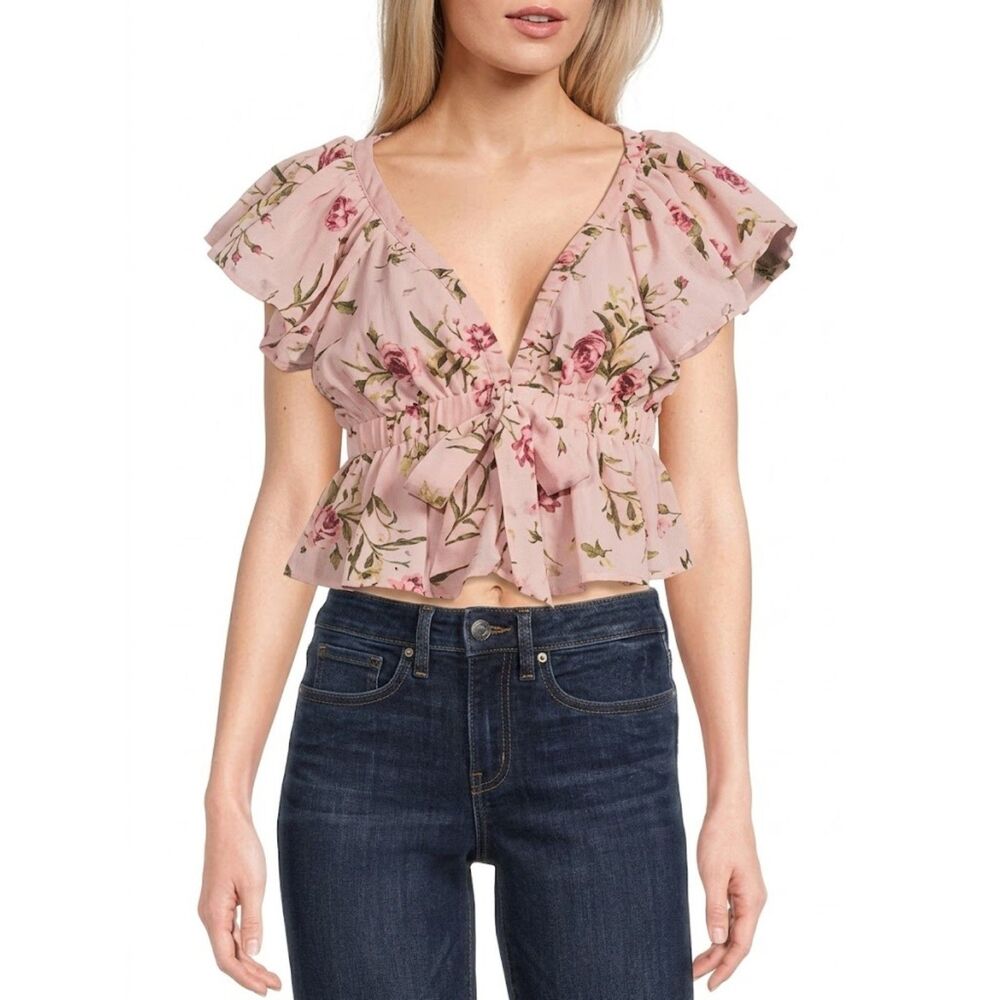 NWT Evolutionary Junior Pink Floral Tie-Front Peplum Top Size L